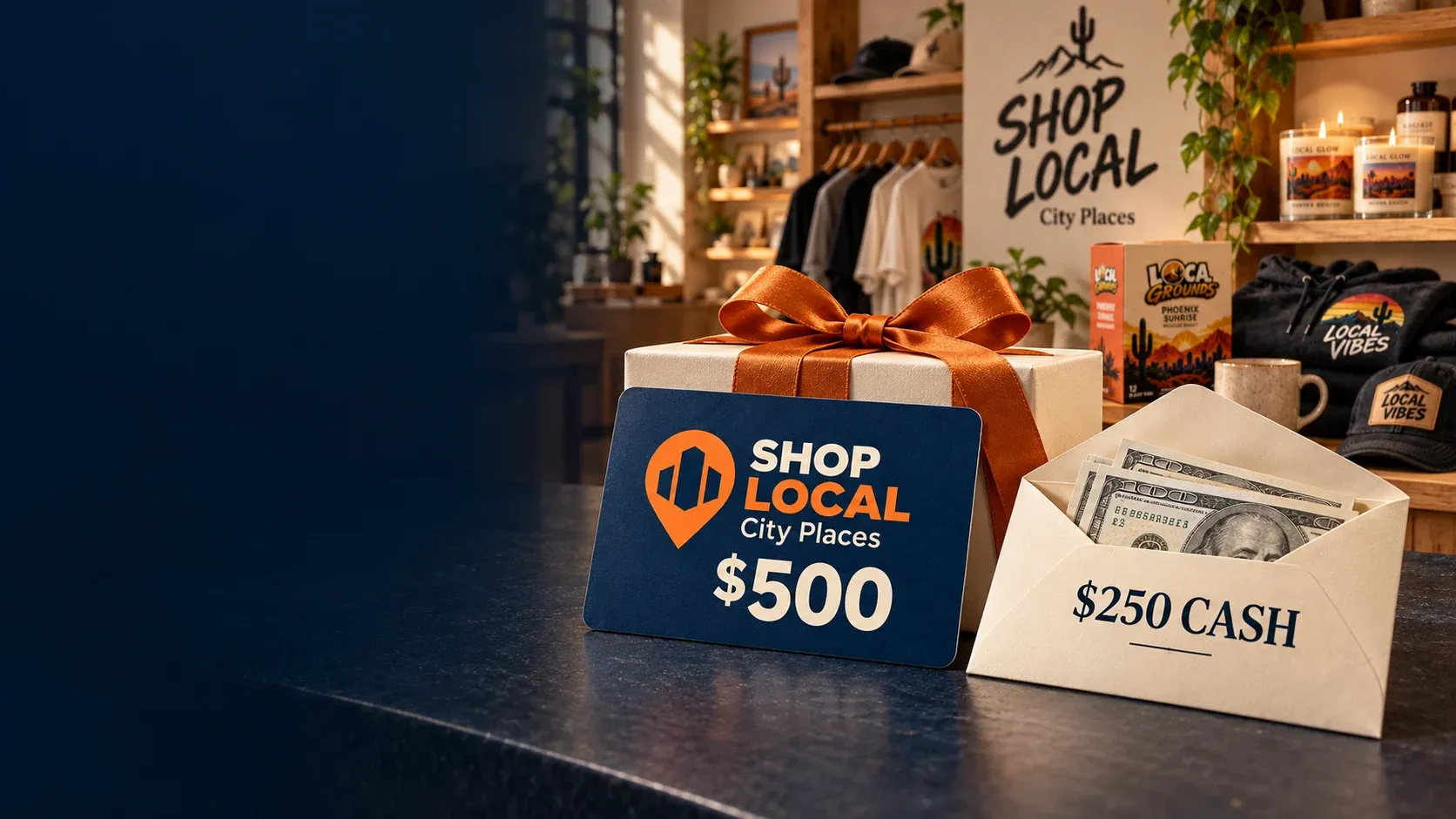 $500 SHOP LOCAL Georgia Places gift card and $250 cash envelope in front of a SHOP LOCAL store and product display.